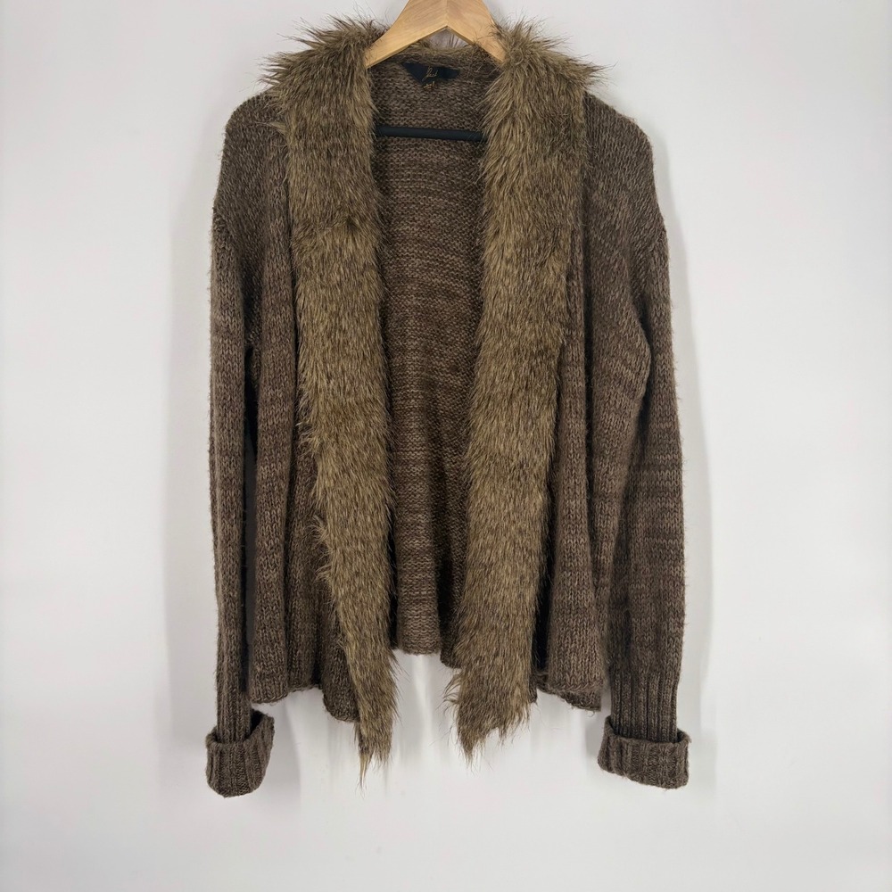 Jack BB Dakota Brown Marled Open Front Cardigan Size L Faux Fur Collar Apres Ski